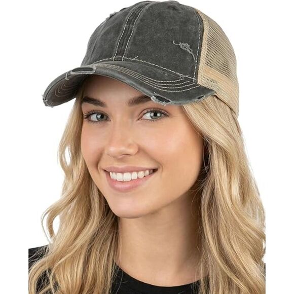 Women\'s Black Beige Mesh Washed Adjustable Fit Classic Comfortable Baseball Cap